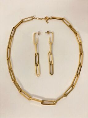 NWOT Stainless Steel Gold-Tone Paperclip Link Chain Necklace & Matching Earrings